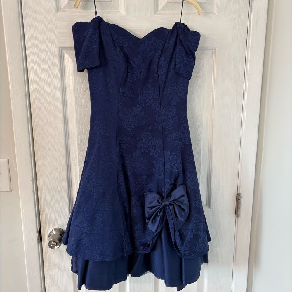 Y2k vintage Notorious Blue Floral Jacquard Cocktail Dress Size 5 Bow - Picture 3 of 12